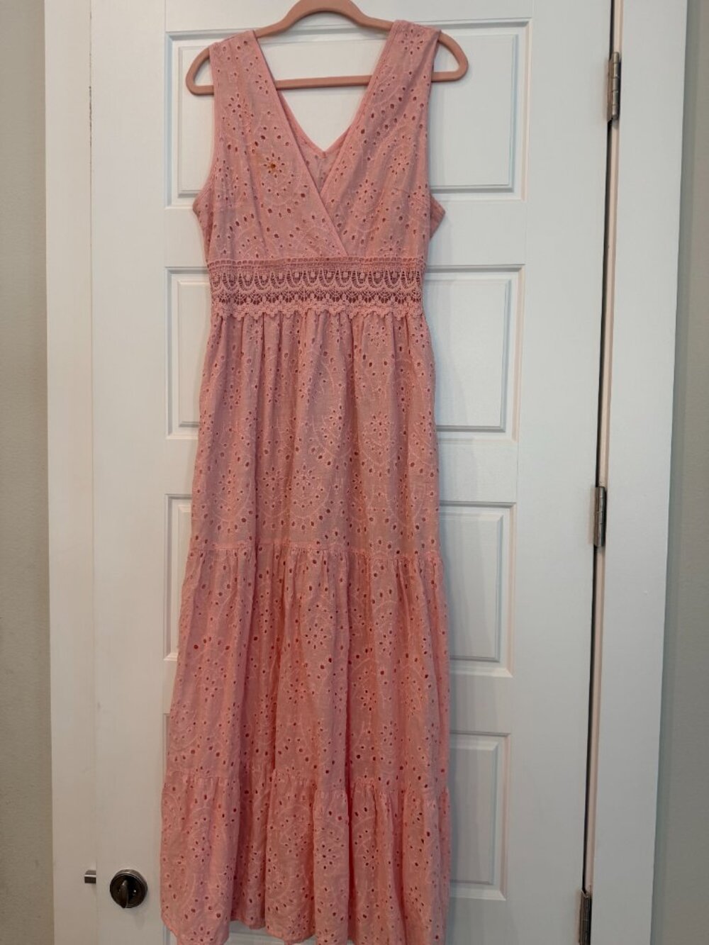 Blush Pink Eyelet Maxi Dress – Crochet Waist – Sleeveless Summer Dress